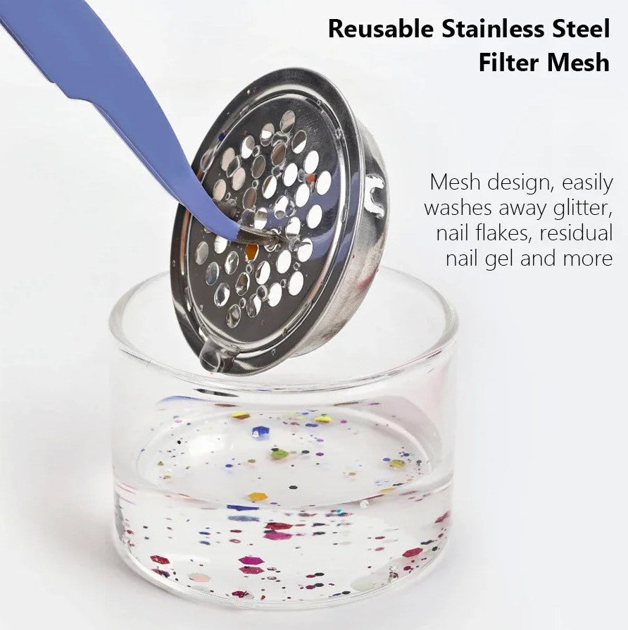 Glass Nail Brush Cleaner Cup with Mesh Filter for Gel, Acrylic, Glitter & Nail Art
