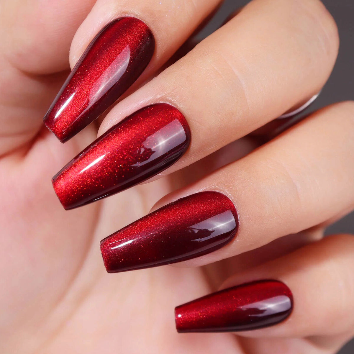 Medium Red Cat Eye Coffin Nail Tips - Full Cover Press-On Set