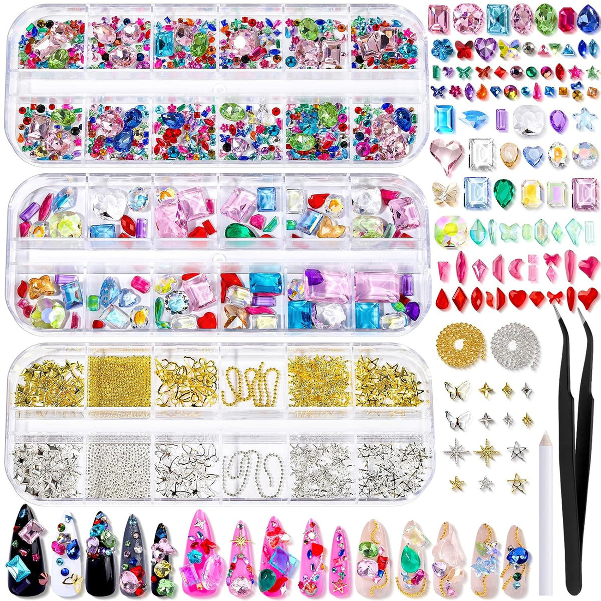 Colorful Nail Rhinestones & Charms Kit - 3-Box Nail Art Accessories with Tools