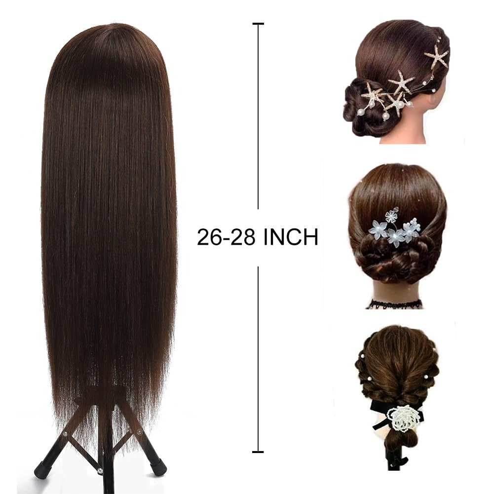 Human Hair Mannequin Head for Hair Styling Practice, Dark Brown, 26-28 Inch