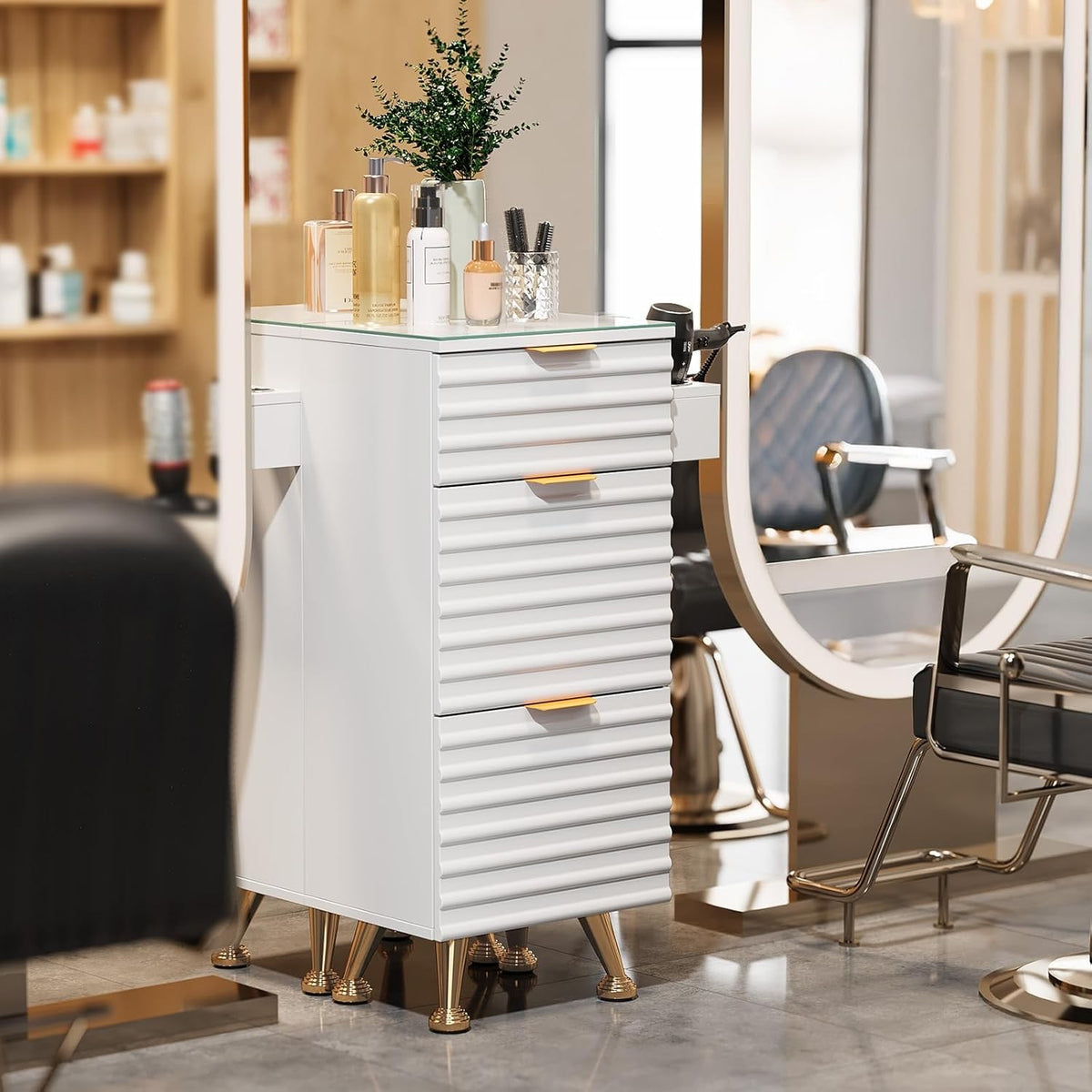 Salon Styling Station with Glass Top and Storage Drawers for Hair & Barber Shops