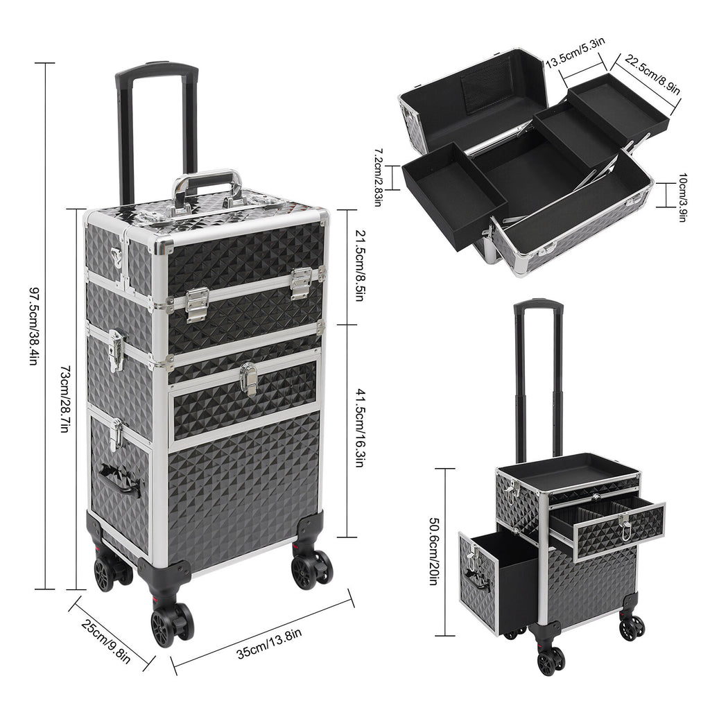 Rolling Makeup Case Travel Cosmetic Storage Trolley with Lock & Wheels