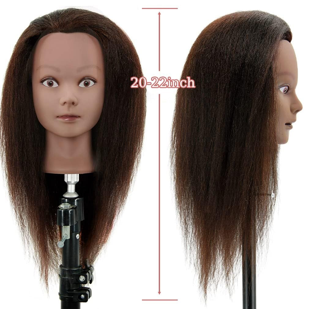 Practice Head with Dark Brown Real Hair for Cosmetology Training - 20-22 Inches