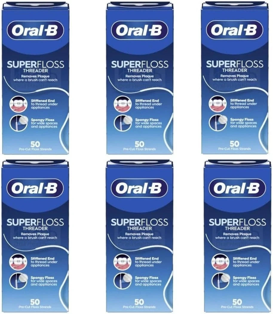 Oral-B Super Floss Threader Dental Floss Pack of 6 - Pre-Cut, Mint Flavor, Orthodontic Friendly