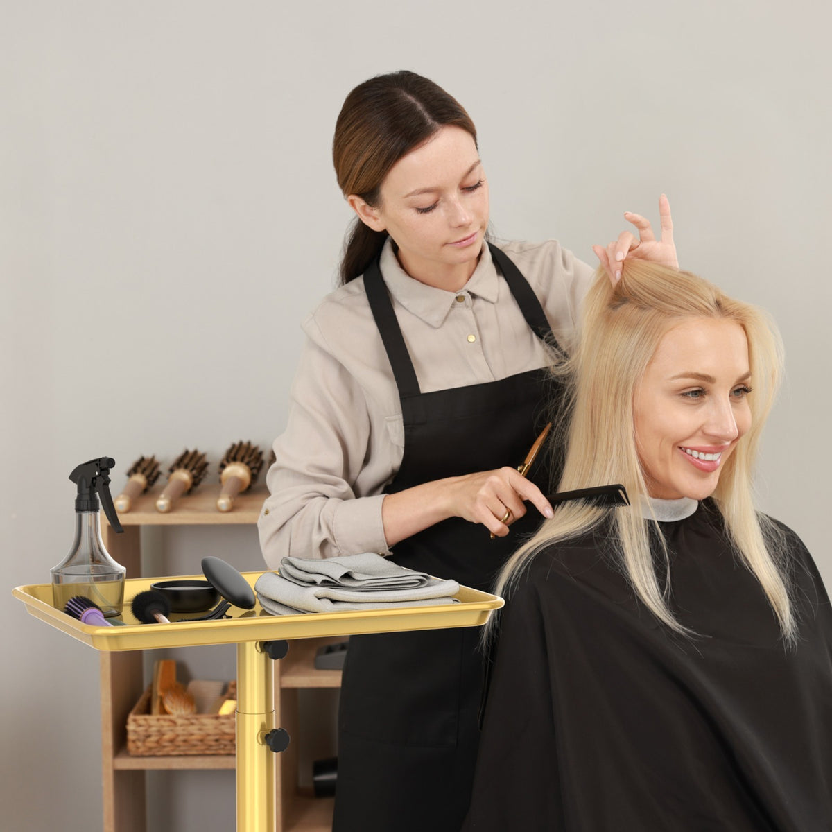 Adjustable Salon Rolling Trolley on Wheels - Gold Aluminum Hair & Tattoo Tray