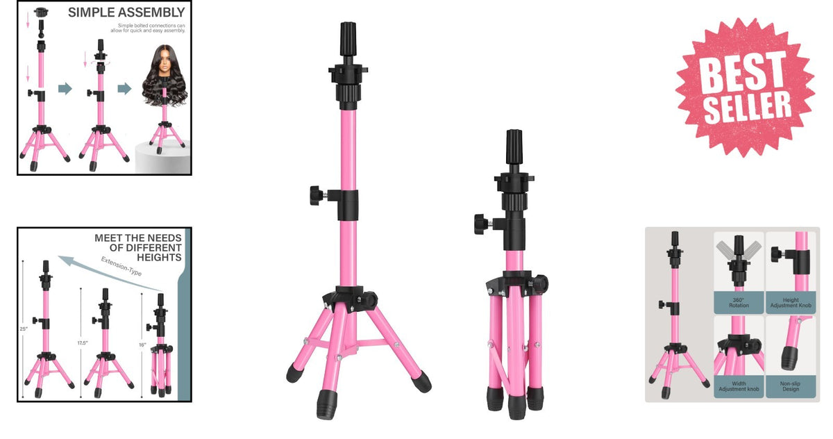 Adjustable Pink Tripod Stand for Mannequin Heads - 25 Inch Height