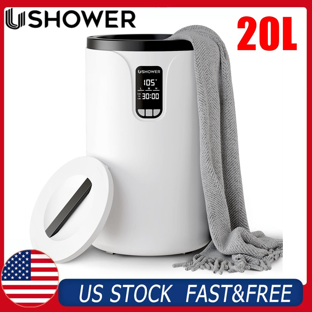 20L Towel Warmer Bucket with LCD Display - Fits 2 Oversized Towels, Safety & Timer