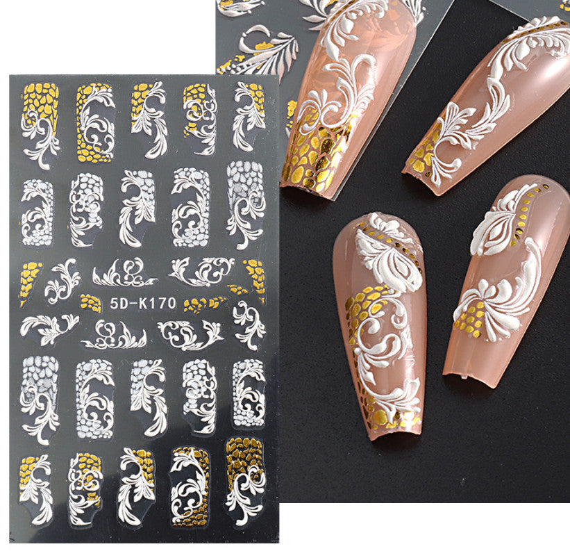 5D Embossed Nail Stickers White Rose Flower Decals for Nail Art and Decor