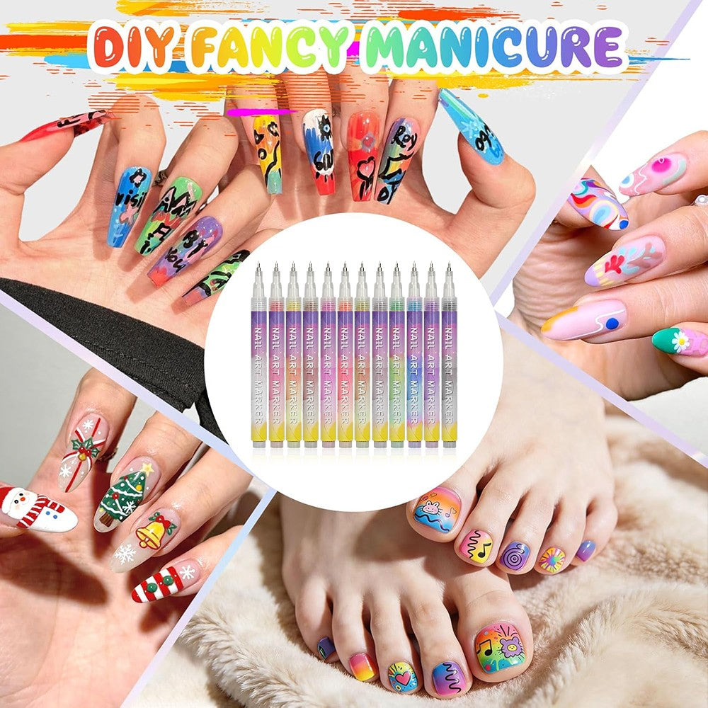 12 Colors Nail Art Pens Set with Fine Tips for DIY Manicure Designs