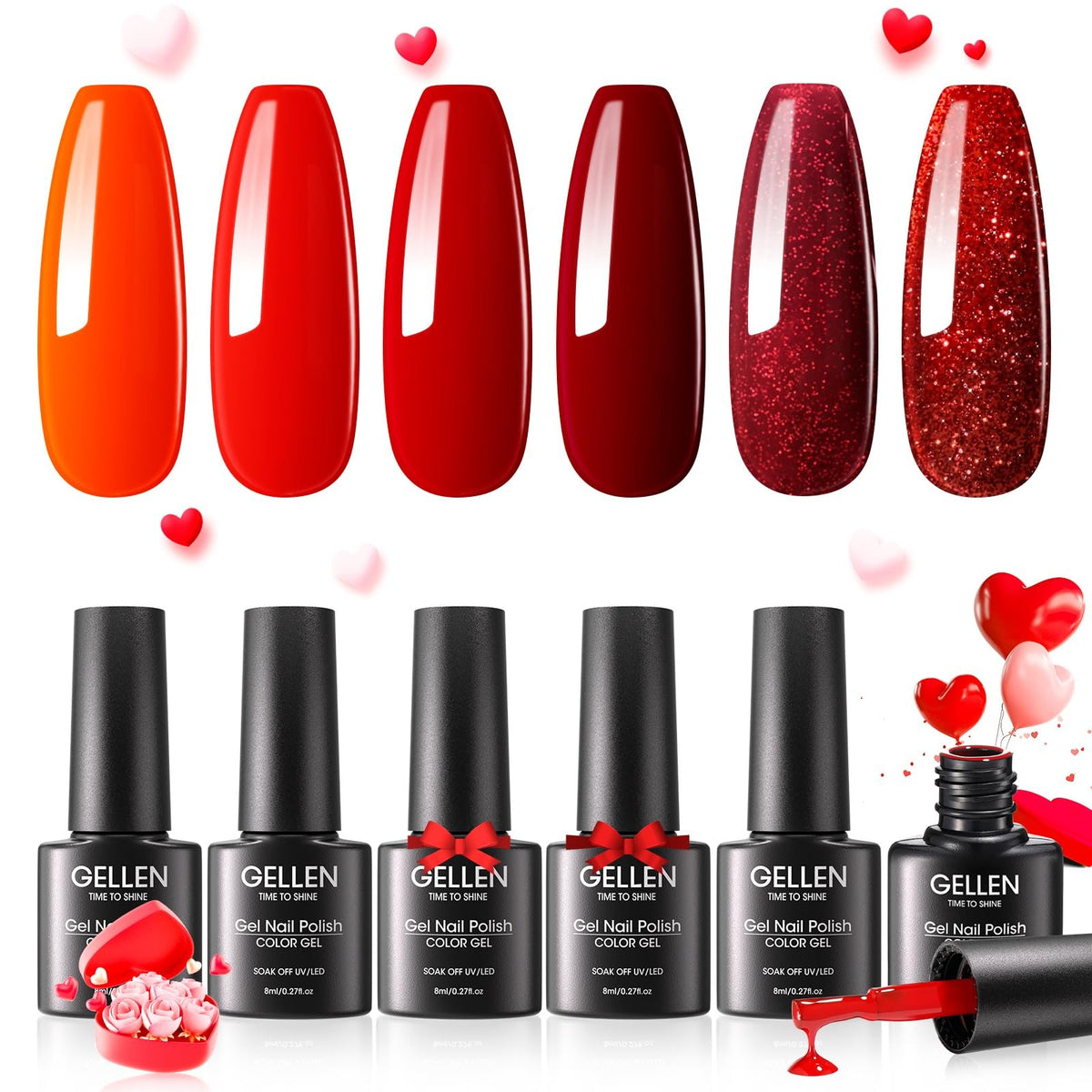 Gel Nail Polish Set - 6 Colors Burgundy Red Glitter Crimson for Manicure