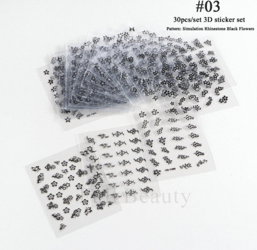 30 Sheets 3D Flower Nail Art Stickers for Manicure Decor - Assorted Styles