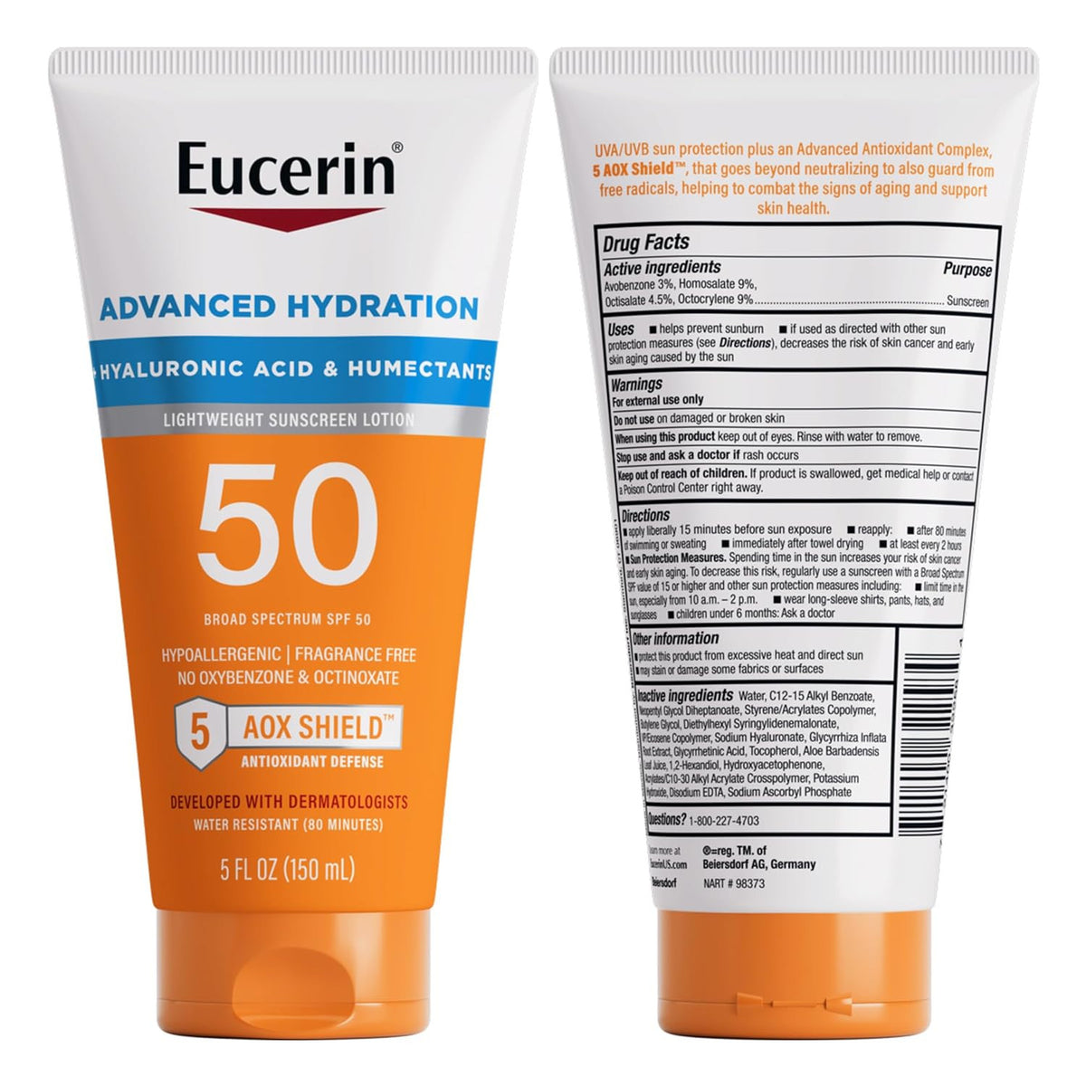 Eucerin Sun SPF 50 Hydrating Sunscreen Lotion 5 fl oz - Broad Spectrum UVA/UVB, Hypoallergenic, Water-Resistant