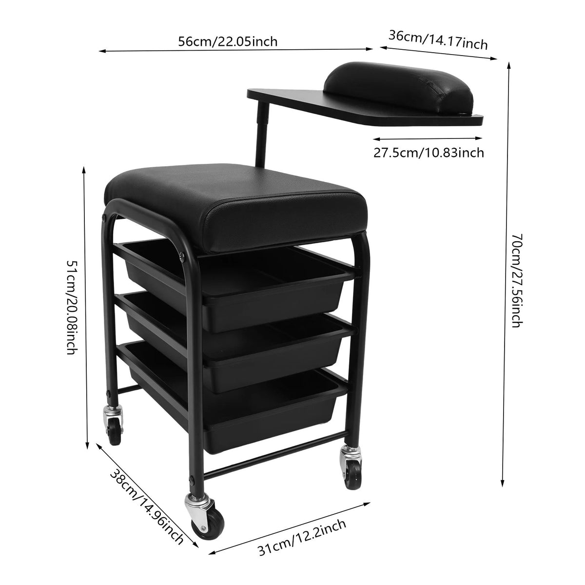 Salon Storage Trolley Cart with 3 Drawers & 360° Rotating Hand Rest - Professional Nail & Beauty Station