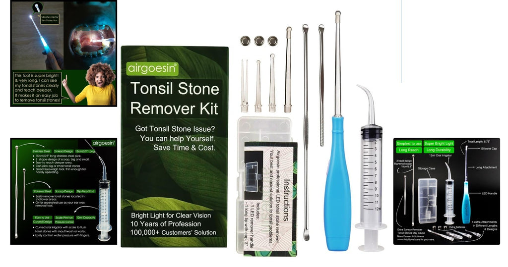 Portable LED Tonsil Stone Remover Tool with Oral Rinse & Case