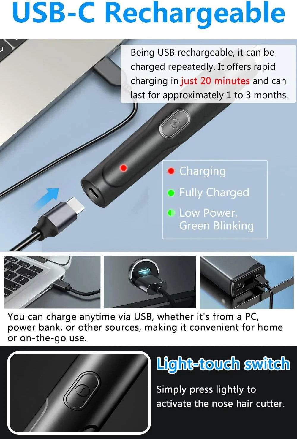 USB Rechargeable Nose & Ear Hair Trimmer - Painless, Compact, Quiet, Portable