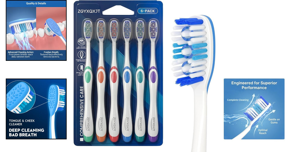 Manual Toothbrushes Pack with Wavy Bristles & Tongue Cleaner for Adults