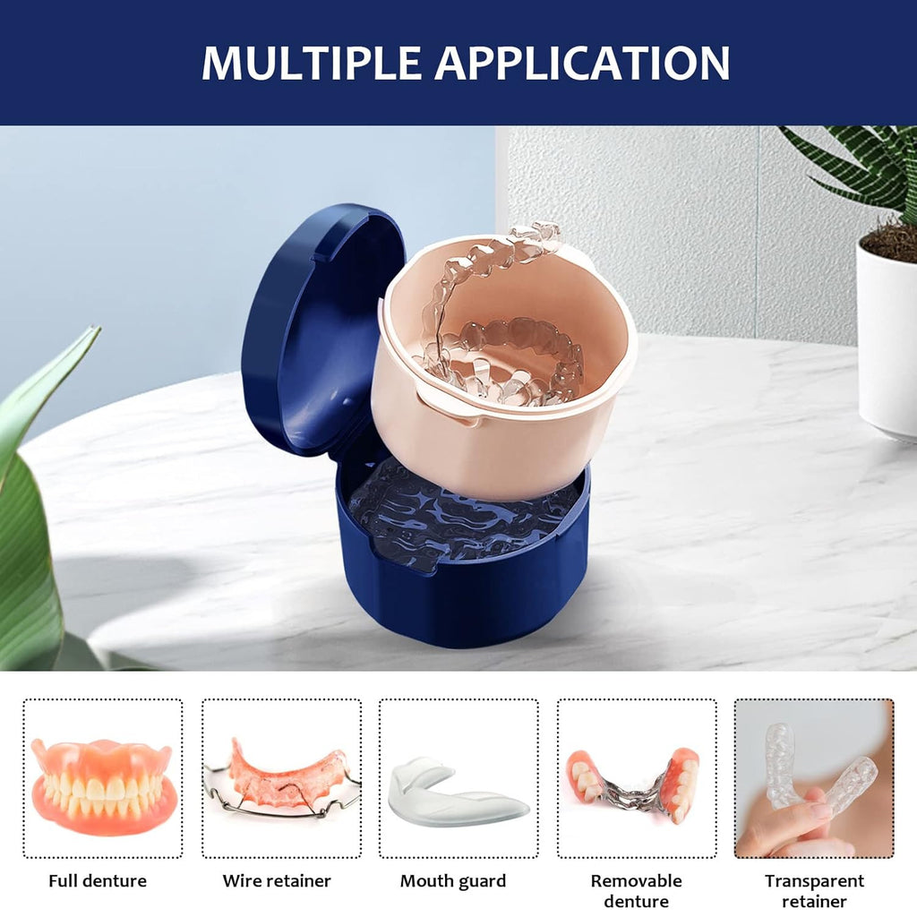 Denture Storage Case with Removable Rinse Basket Portable Denture Cup for Soaking & Cleaning