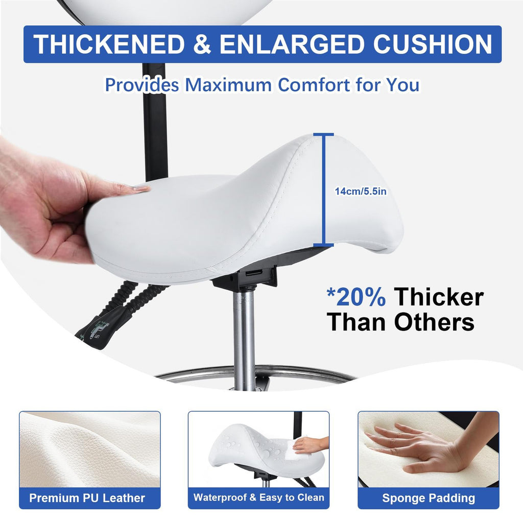 Adjustable PU Leather Bar Stool with Wheels & Backrest - White