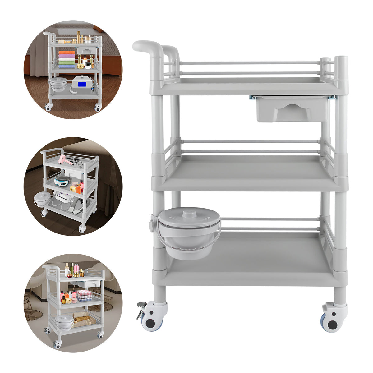 3-Tier Beauty Salon Cart with 4 Wheels and Large Storage Capacity