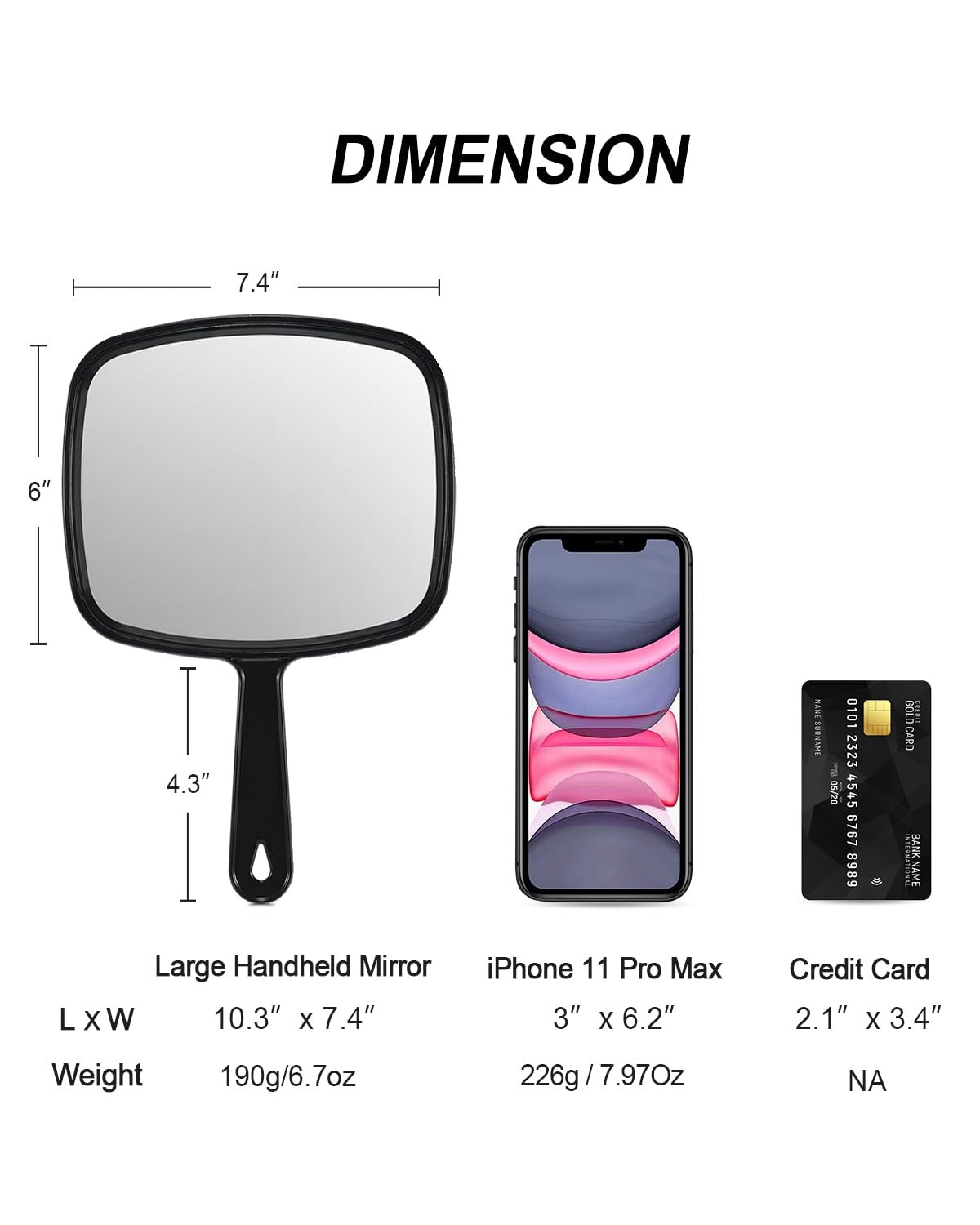 Hand Mirror with Large Reflection Surface for Hairdressing and Personal Use — Black, 10.3L x 7.4W