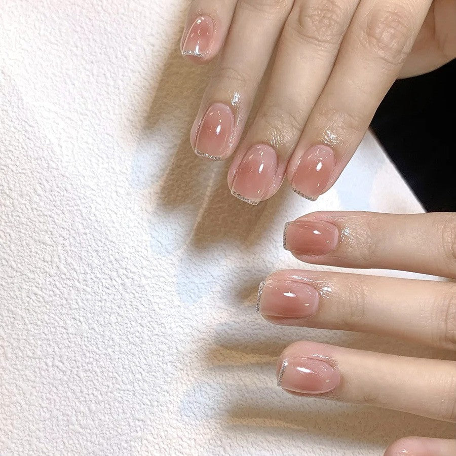 48 Pcs Silver French Press on Nails - Short Square Nude Glossy Fake Nails