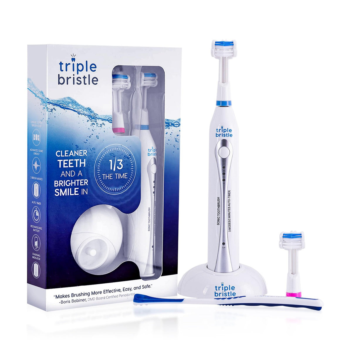 Rechargeable Sonic Toothbrush with 3-Sided Brush Head - 31,000 VPM, 3 Modes