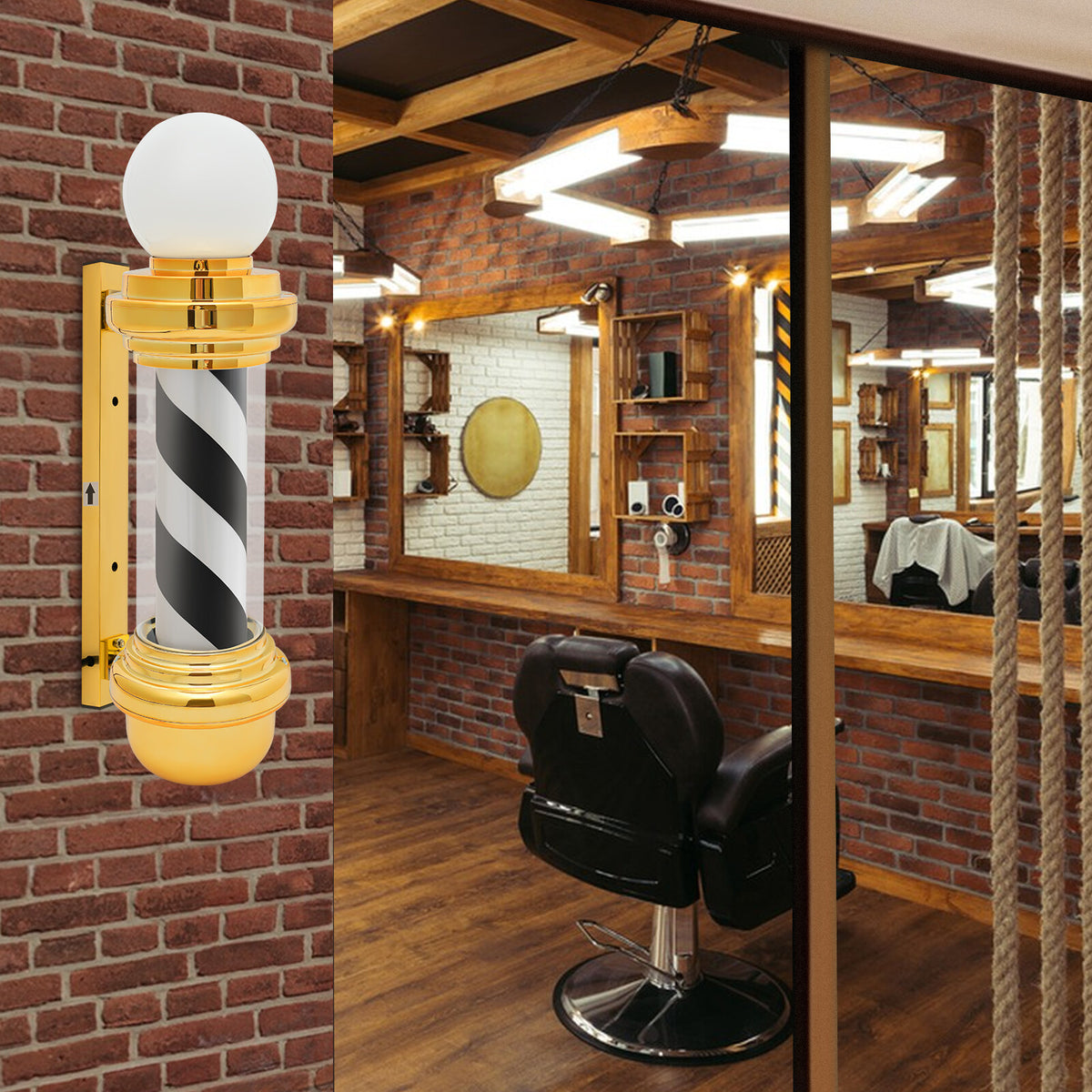 Waterproof LED Barber Pole Light with Rotating Sign for Hair Salons - Black, White, Gold