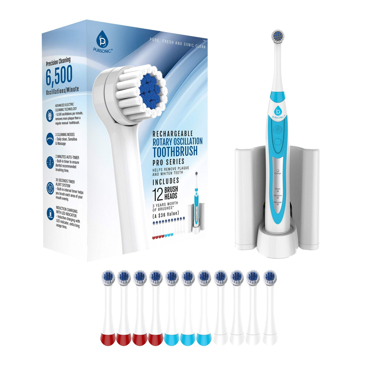 Rechargeable Rotary Oscillation Electric Toothbrush Pro Series with 12 Brush Heads