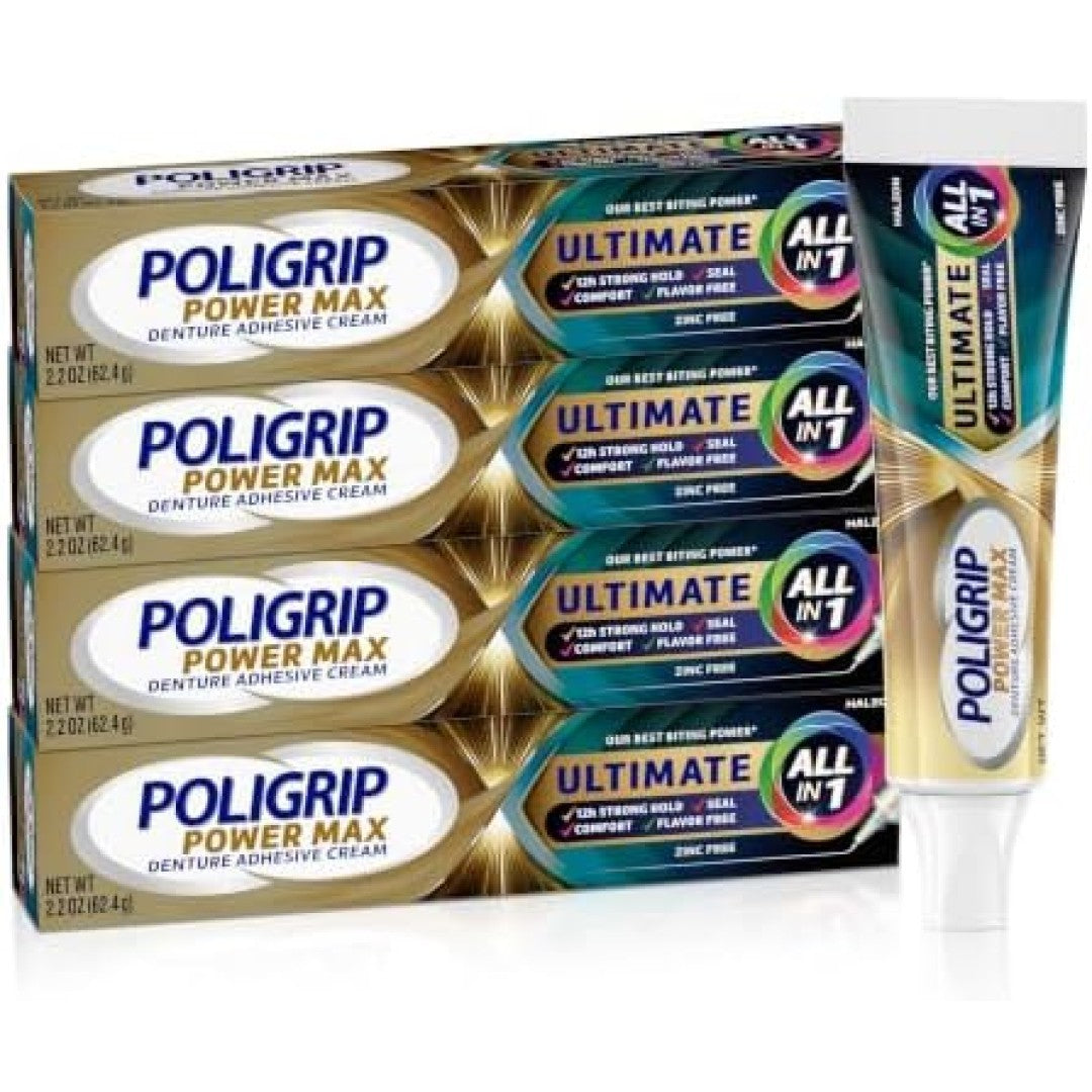 Denture Adhesive Cream - Zinc-Free, 12-Hour Strong Hold, 4 Pack