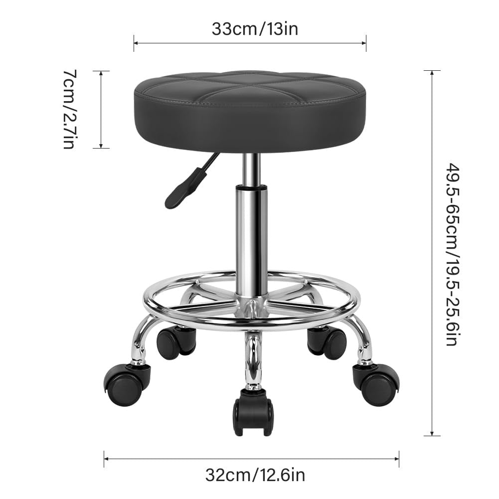 Adjustable Rolling Stool with Footrest - PU Leather Seat, Height 25.2 Inches, Grey