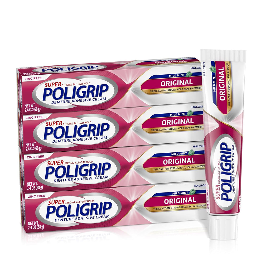 Zinc-Free Denture Adhesive Cream 4-Pack with Mint Flavor - Strong All-Day Hold