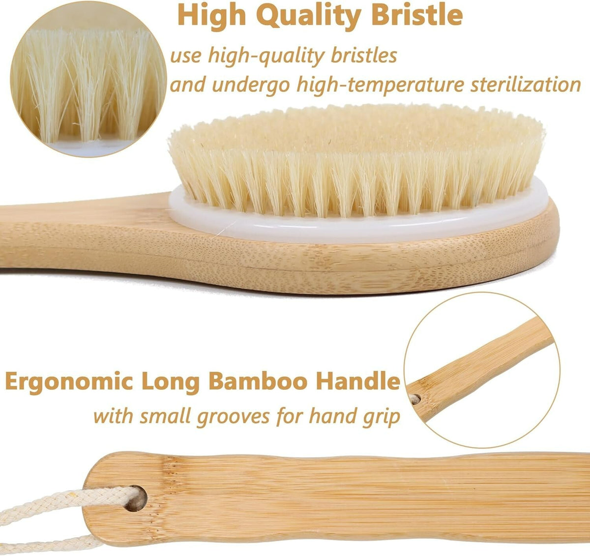 Bamboo Body Brush with Soft Bristles & Long Non-Slip Handle - Shower Back Scrubber