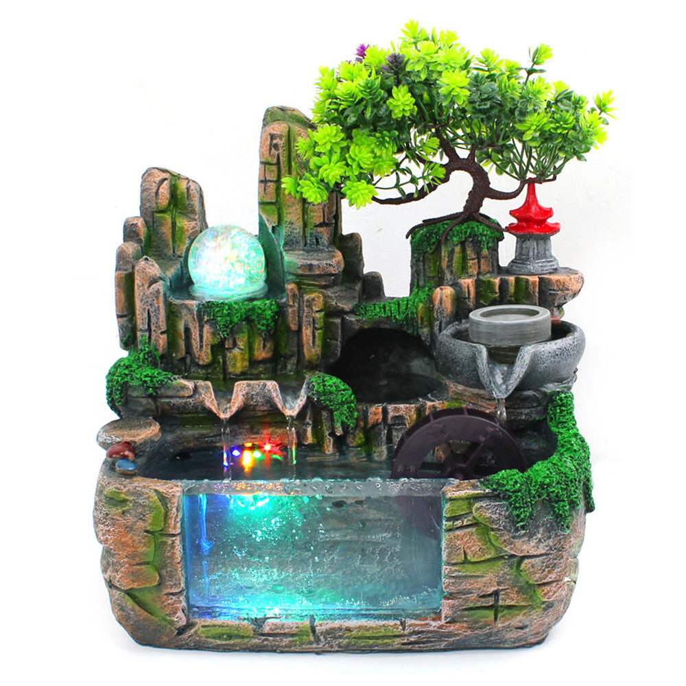 Feng Shui Desktop Rockery Waterfall Fountain with LED Atomizing Effect for Office Decor