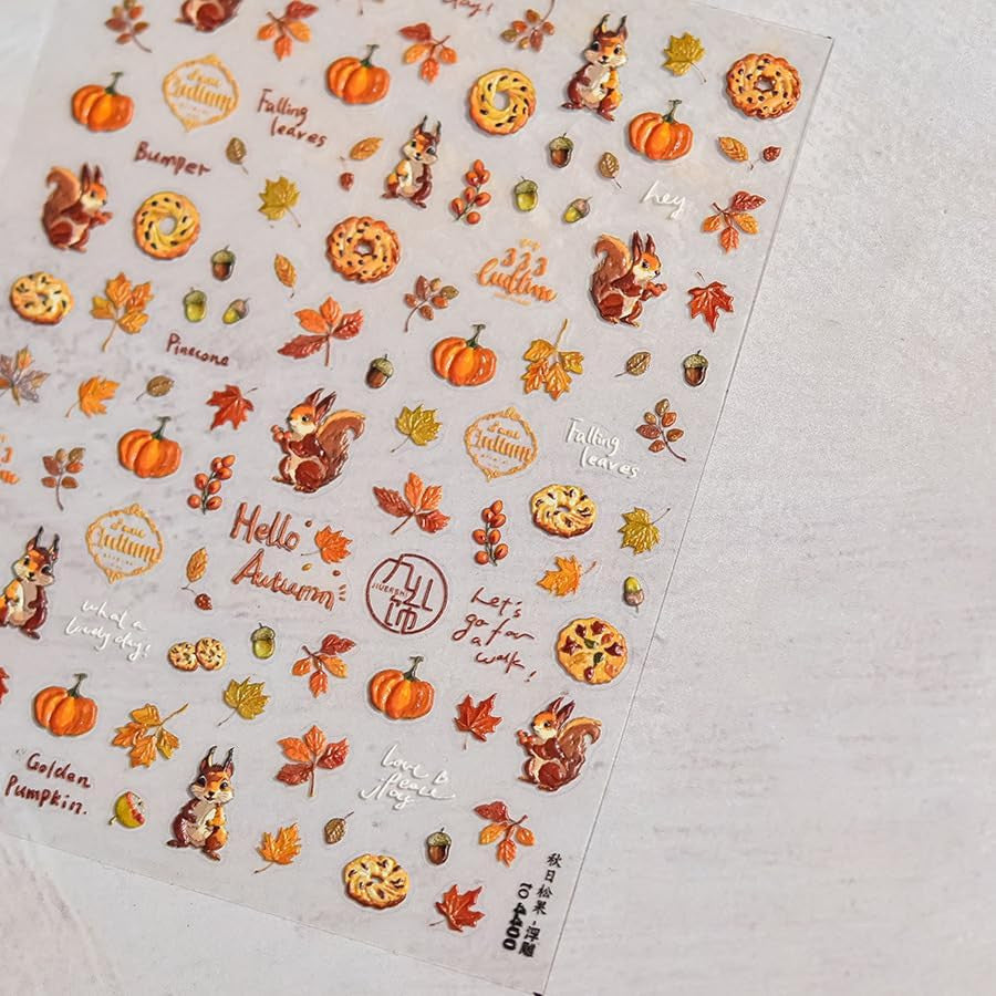Fall Maple Leaf Nail Stickers Set - Self-Adhesive Squirrel & Nut Design for Nail Art