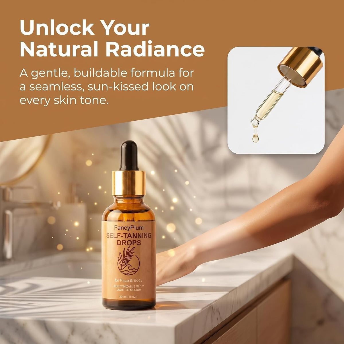 Self Tanning Drops for Face & Body - Medium Glow, Natural-Looking Tan