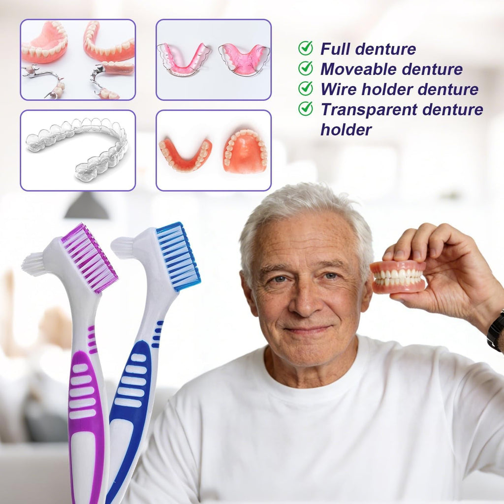 Denture Cleaning Brush Dual-Sided Soft Bristles Rubber Handle