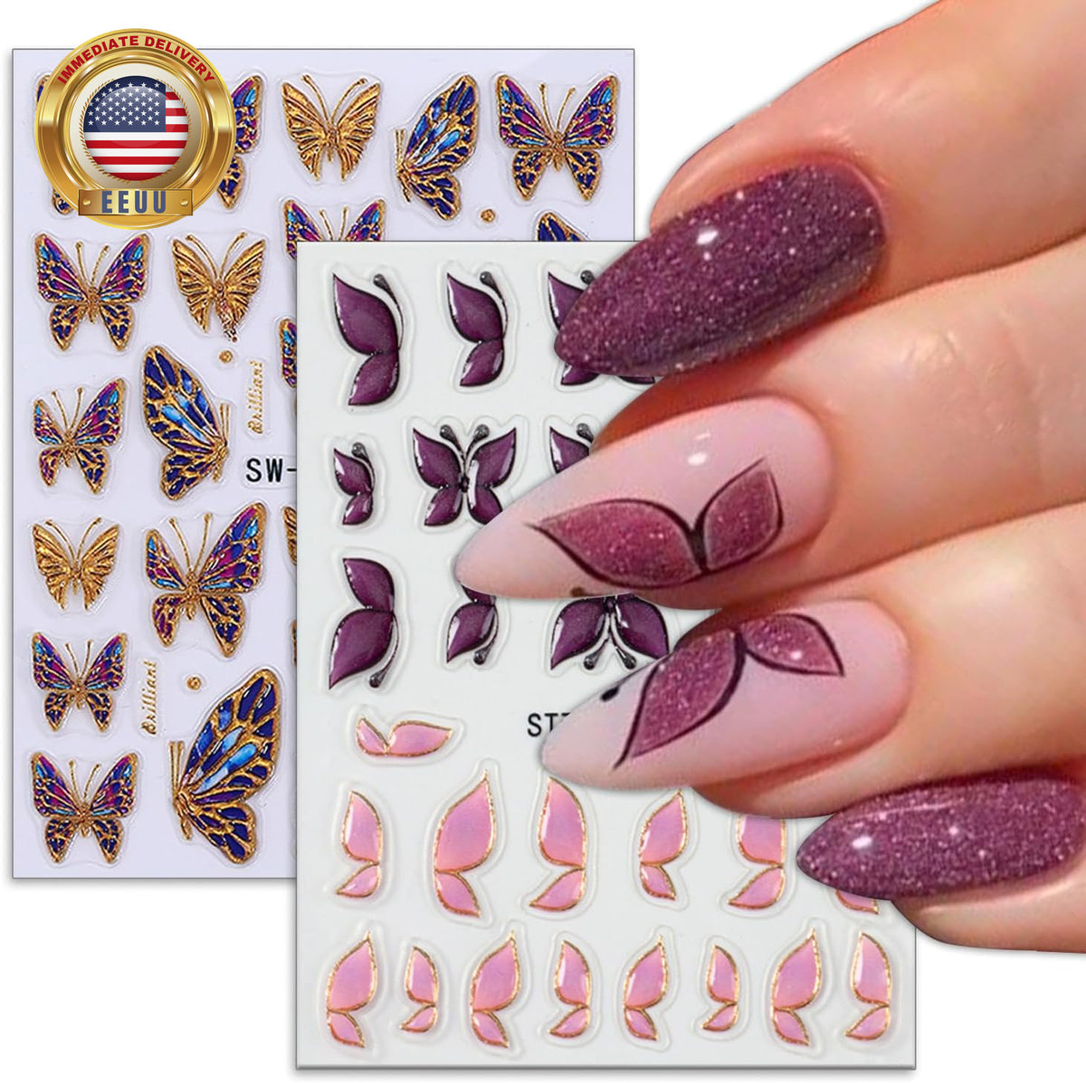 Butterfly Nail Art Stickers Set - 2 Sheets 3D Gold & Purple Decals for Manicure