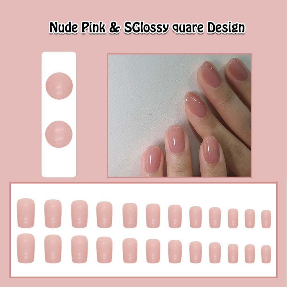 Short Pink Press-On Nails with Glossy Finish - Fake Nail Set for Women