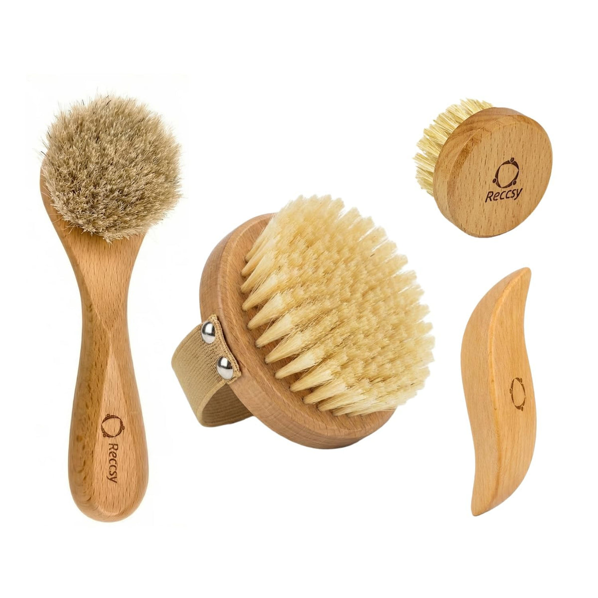 Lymphatic Drainage Body and Face Brush Set with Wooden Gua Sha - 4 Pieces