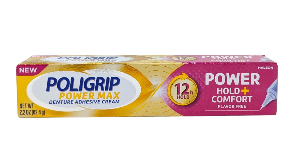 Denture Adhesive Cream Power Max Hold 2.2 oz Zinc Free Comfort Flavor Free