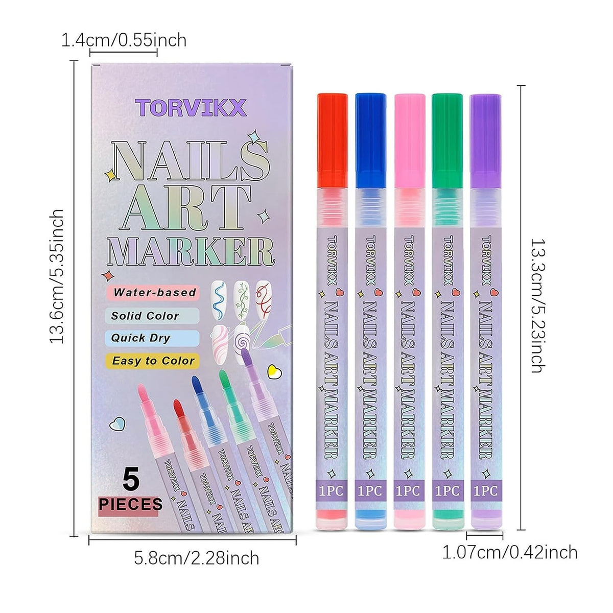 Vibrant Nail Art Pens Set for Kids & Adults - 5 Bright Colors for DIY Manicures