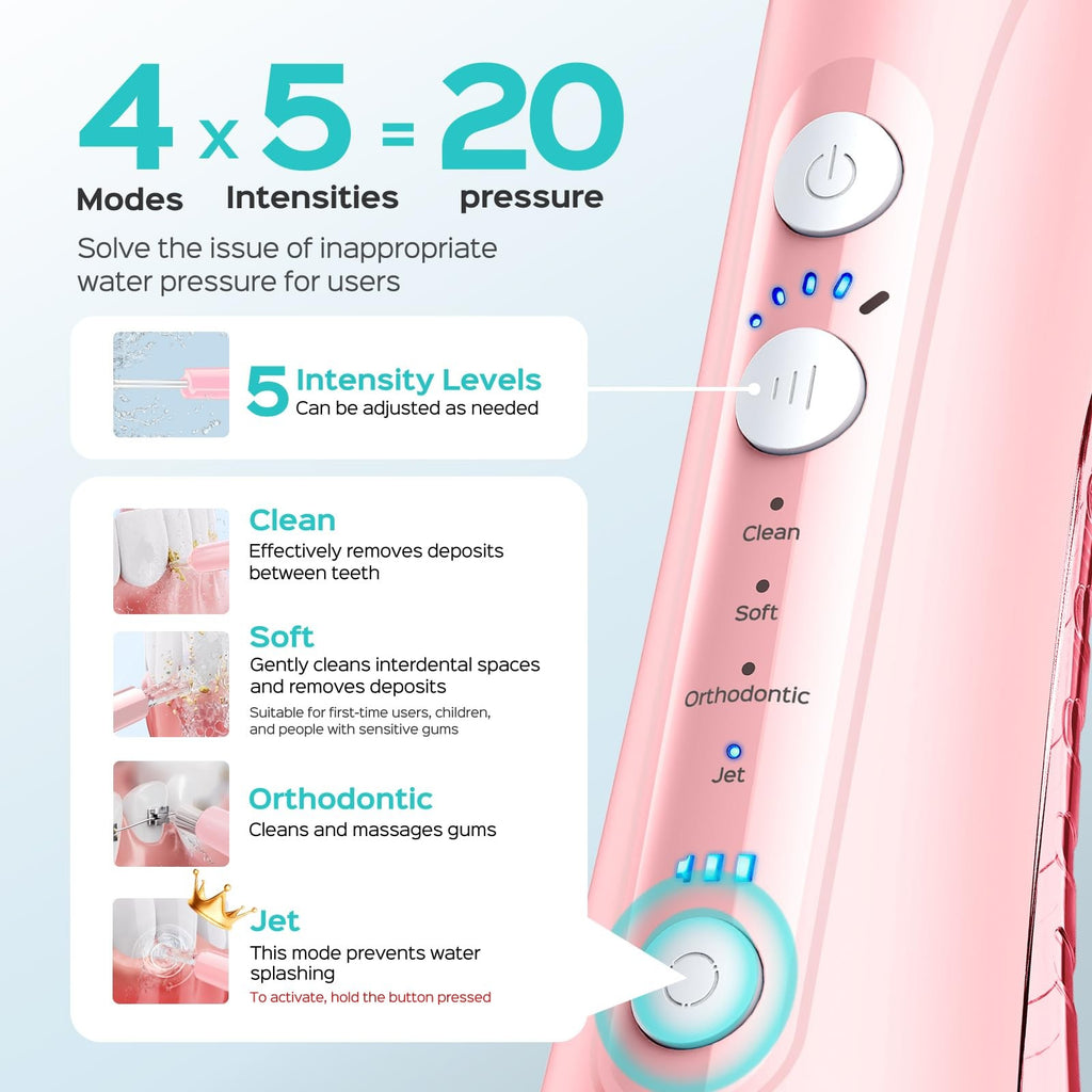 Water Dental Flosser with 4 Modes 5 Intensity Levels Pink - Oral Care Device
