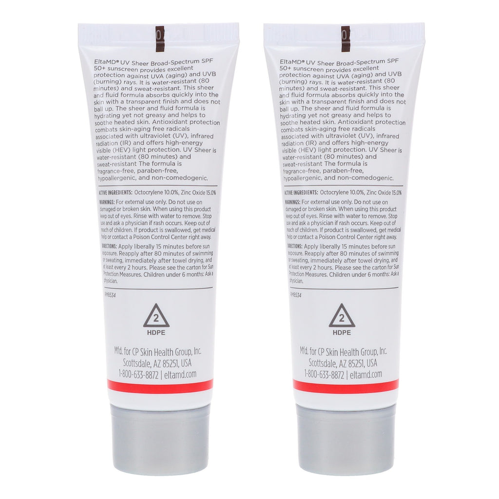 2 Pack EltaMD UV Sheer Broad Spectrum SPF 50+ Facial Sunscreen 1.7 oz