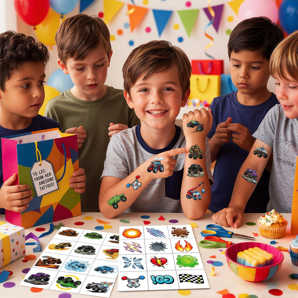 Monster Truck Temporary Tattoos for Kids Age 4-7 – Pre-Cut, No Scissors Needed