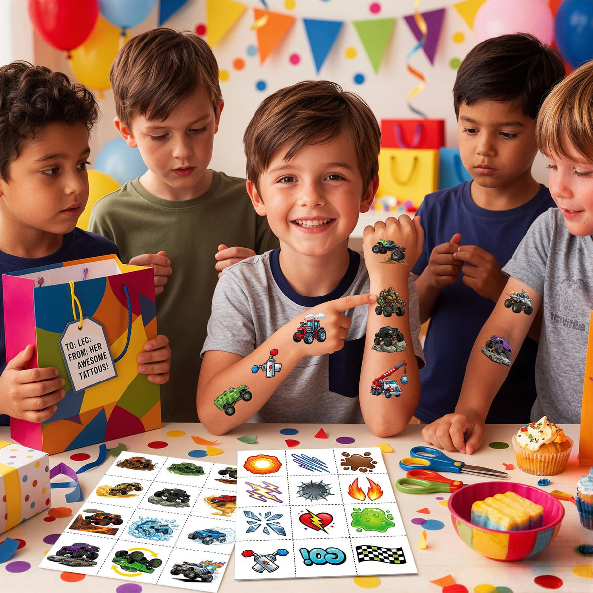 Monster Truck Temporary Tattoos for Kids Age 4-7 – Pre-Cut, No Scissors Needed