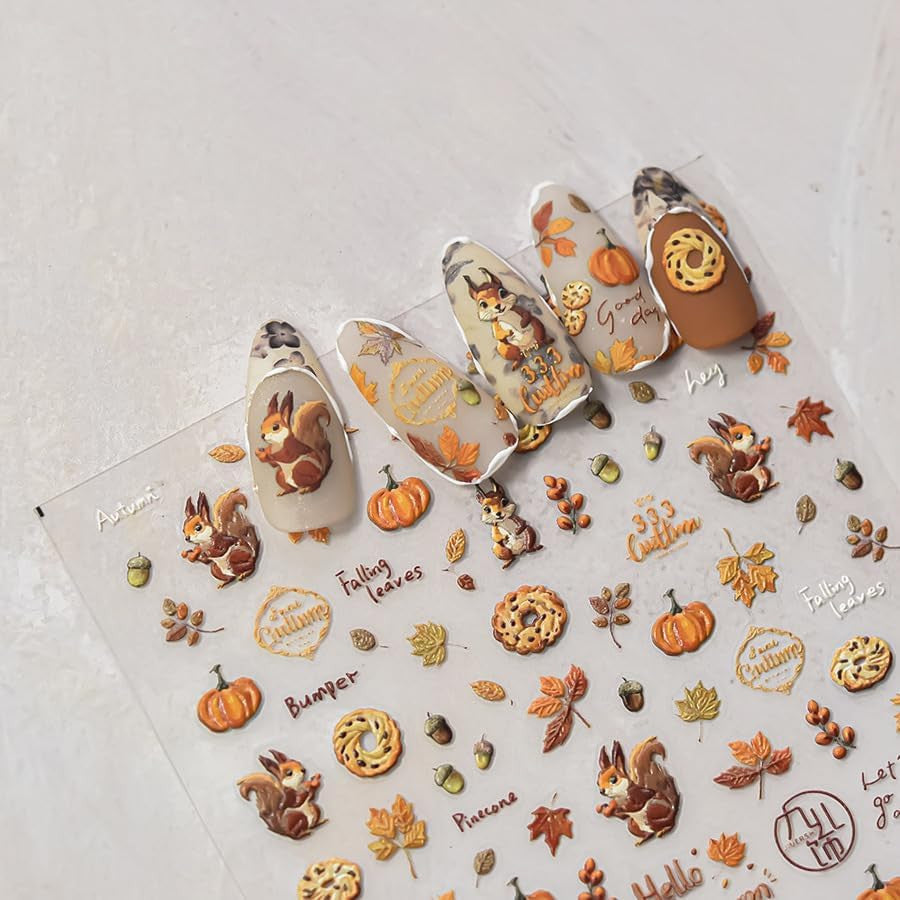Fall Maple Leaf Nail Stickers Set - Self-Adhesive Squirrel & Nut Design for Nail Art