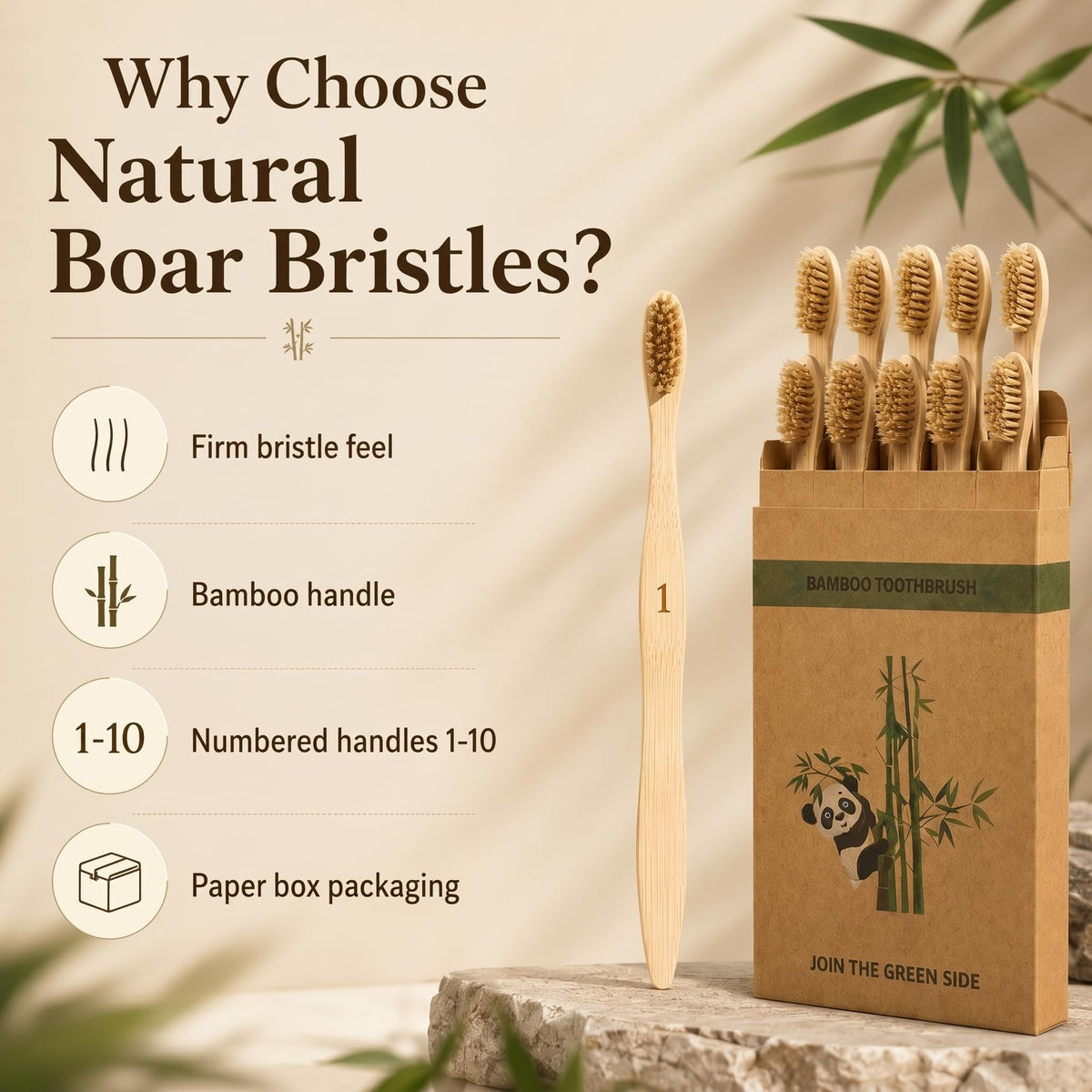 Boar Bristle Bamboo Toothbrush 10 Pack - Plastic-Free, Numbered Adult Set
