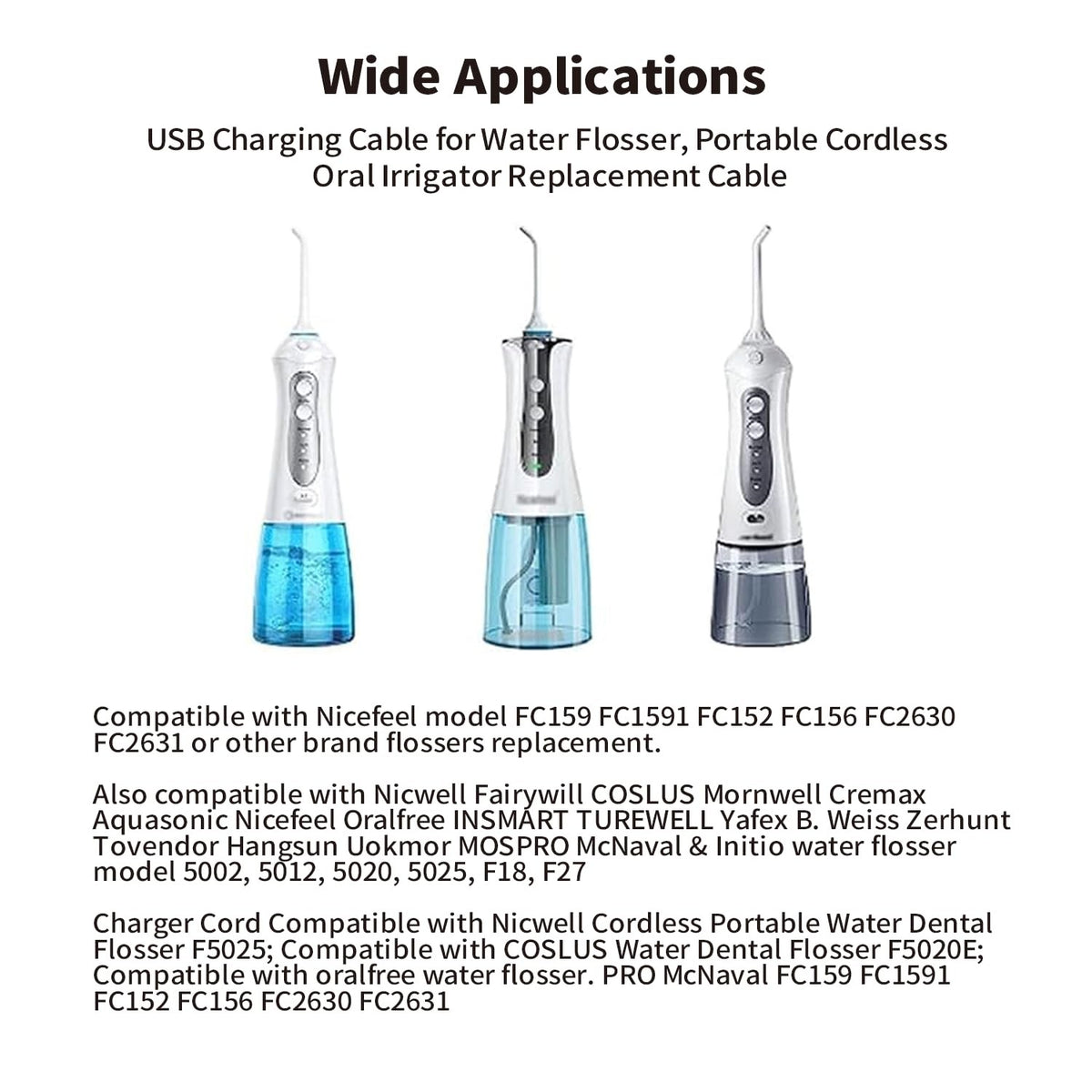 USB Charging Cable for Portable Water Flossers - Compatible with Nicwell Fairywill Aquasonic