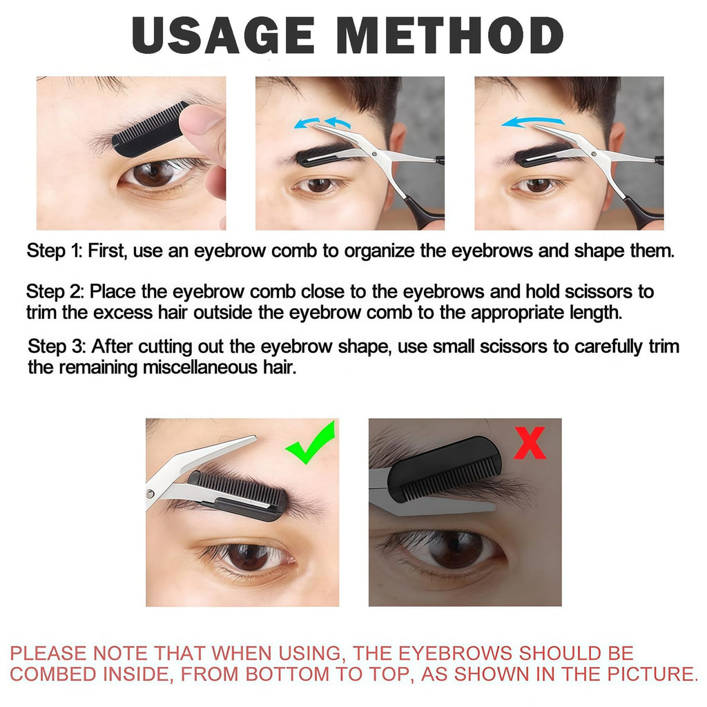 Eyebrow Trimmer Scissors with Comb & Non-Slip Grip - Stainless Steel Grooming Kit
