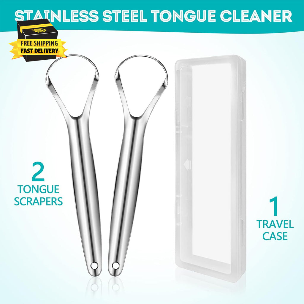Stainless Steel Tongue Scraper Set with Travel Case - Reusable Oral Hygiene Tool